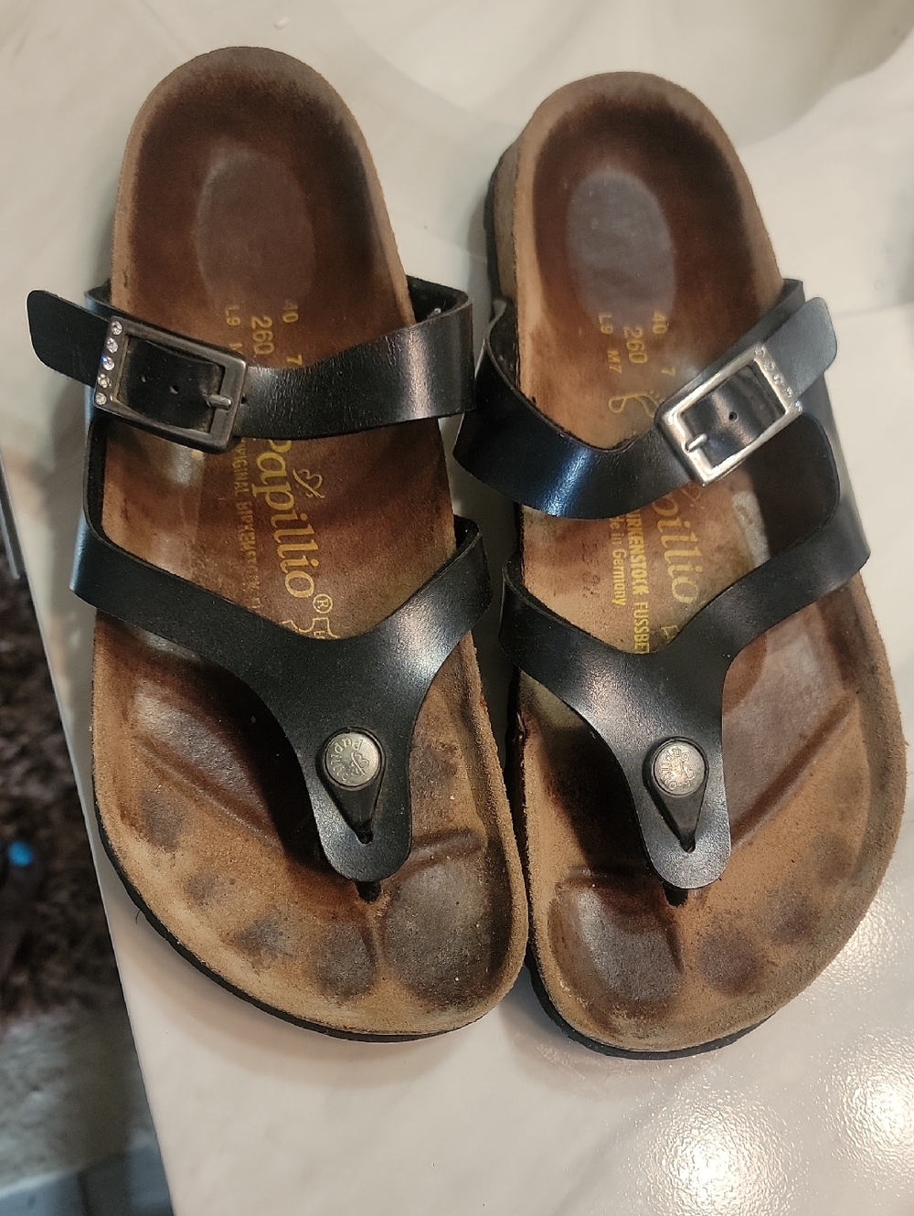 Birkenstock Black Leather Toe-Post Sandals with Silver Buckles Papillio